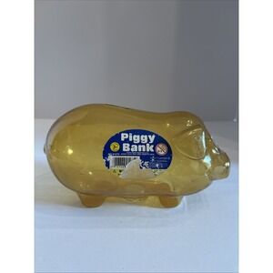 VTG Clear Yellow‎ Plastic Piggy Bank 9" W/plug Blue Eyes Original Sticker